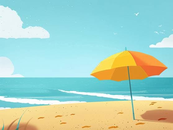 A tranquil beach landscape with a vibrant, orange and yellow umbrella on sandy shores under a clear sky. Generative AI image Model Released Lightsy_ID21154_623884_002 Copyright: xLightsyx RECORD DATE NOT STATED