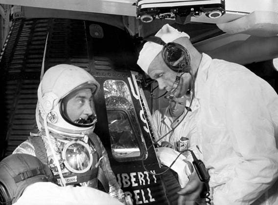 John Glenn Dies at 95 FILE PHOTO: Astronaut Virgil Grissom chats with Astronaut John Glenn prior to entering the Liberty Bell 7 capsule for the MR-4 Mission at Cape Canaveral, Florida on July 21, 1961. The MR-4 mission was the second manned suborbital flight using the Mercury-Redstone booster, which was developed by the Marshall Space Flight Center. Photo Credit: NASA CNP AdMedia Cape Canaveral Florida United States of America EDITORIAL USE ONLY  Copyright: xx MSFC-75-SA-4105-2C MSFC-6116427 CNP AdMediax admphotostwo312104