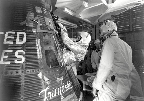 John Glenn Dies at 95 FILE PHOTO: Project Mercury astronaut John H. Glenn, Jr., enters the Mercury-Atlas 6 (MA-6) Friendship 7 spacecraft during the last part of the countdown at Cape Canaveral, Florida on February 20, 1962. At 9:47 a.m. (EST), the Atlas launch vehicle lifted the spacecraft into orbit for a three-orbit mission lasting 4 hours, 55 minutes and 23 seconds. Glenn and his spacecraft were recovered by the destroyer U.S.S. NOA just 21 minutes after landing in the Atlantic Ocean near Grand Turk Island, to successfully complete the nation s first manned orbital flight. Photo Credit: NASA CNP AdMedia Cape Canaveral Texas United States of America EDITORIAL USE ONLY  Copyright: xx S63-01207 CNP AdMediax admphotostwo312137