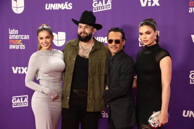 (L-R) Meylin Zuniga, Carin León, Marc Anthony, and Nadia Ferreira arrive for the 2024 Latin American Music Awards at the Grand Garden Arena at MGM Resort and Casino in Las Vegas, Nevada on Thursday, April 25, 2024.  LAV20240425159 JAMESxATOA