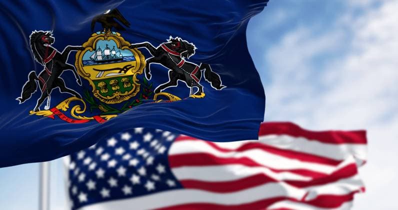Pennsylvania state flag waving with the american flag Pennsylvania state flag waving with the american flag. Blue field with state coat of arms: shield between horses, eagle on top. 3d illustration render. Fluttering textile Copyright: xZoonar.com ValerioxRosatix 21452187