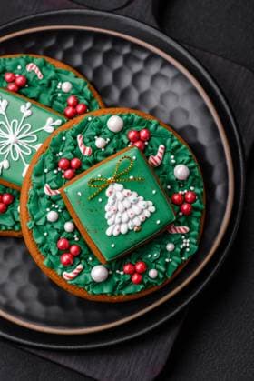 Beautiful Christmas or New Year colorful homemade gingerbread cookies Beautiful Christmas or New Year colorful homemade gingerbread cookies on a ceramic plate on a dark concrete background Copyright: xZoonar.com TetianaxChernykovax 21462787