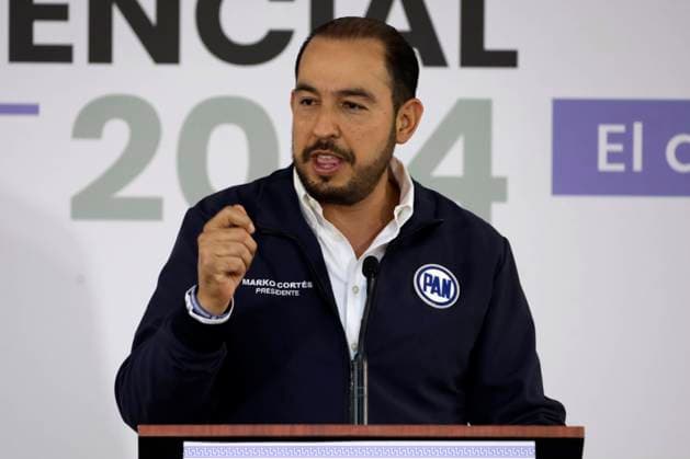 April 28, 2024, Mexico City, Mexico:President of the National Action party, Marko Cortes speaks prior to the second televised presidential debate Ahead of Presidential Elections in Mexico at Estudios Churubusco. Mexico City Mexico - ZUMAe321 20240428_zia_e321_001 Copyright: xLuisxBarronx