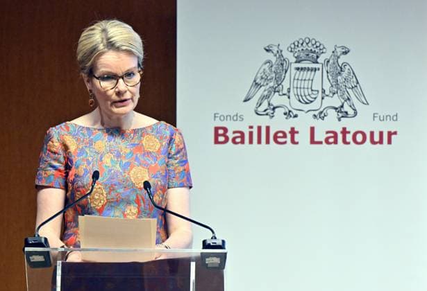 Queen Mathilde of Belgium pictured during the ceremony for the 50th anniversary of the Baillet Latour foundation and award ceremony of the Baillet Latour Biomedical Award, in Brussels, Monday 29 April 2024. The Baillet Latour Biomedical Award has been awarded annually since 2022 to promising young researchers in Belgium in the field of biomedical sciences.  ERICxLALMAND 91820120