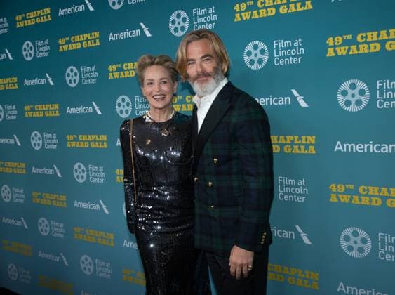 Sharon Stone and Chris Pine arrive on the red carpet at the 49th Chaplin Award Honoring Jeff Bridges at Lincoln Center on April 29, 2024 in New York City.  NYP20240429716 SerenaxXuxNing