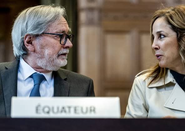 THE HAGUE - Andres Teran Parral, ambassador of Ecuador to the Netherlands, and Ana Maria Larrea, director of International Affairs and Arbiration, during the first day of a two-day hearing in the case brought by Mexico against Ecuador. Mexico has filed a complaint with the ICJ in response to a police raid on the Mexican embassy in Ecuador. Former Ecuadorian Vice President Jorge Glas was arrested. ANP REMKO DE WAAL netherlands out - belgium out  Copyright: xx x497273231x originalFilename: 497273231.jpg