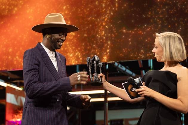 FOCUS COVERAGE REQUESTED TO BELGA - Winner Film Belgian Musician And Director Baloji pictured during the award ceremony of the Ultimas23 , Flemish culture prizes, Tuesday 30 April 2024, in Lint.  JAMESxARTHURxGEKIERE 91867773