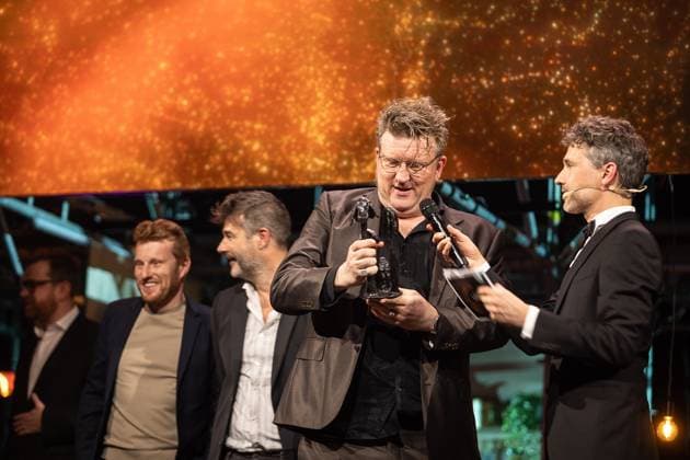 FOCUS COVERAGE REQUESTED TO BELGA - Winner publieksprijs Die Verdammte Spielerei pictured during the award ceremony of the Ultimas23 , Flemish culture prizes, Tuesday 30 April 2024, in Lint.  JAMESxARTHURxGEKIERE 91867869