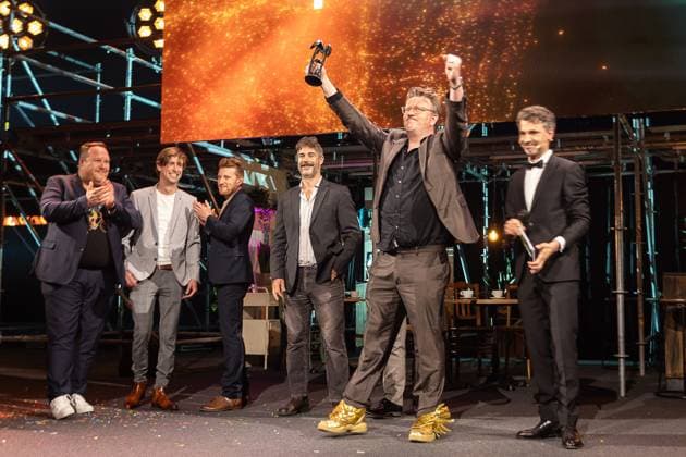 FOCUS COVERAGE REQUESTED TO BELGA - Winner publieksprijs Die Verdammte Spielerei pictured during the award ceremony of the Ultimas23 , Flemish culture prizes, Tuesday 30 April 2024, in Lint.  JAMESxARTHURxGEKIERE 91867913