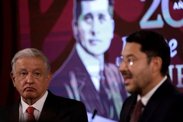 Andres Manuel Lopez Obrador News Conference Mexican President, Andres Manuel Lopez Obrador, is seen behind while Chief of Government of Mexico City Marti Batres Guadarrama speaking about the immigration policy in collaboration with the U.S. government during a press conference at the National Palace in Mexico City. on May 2, 2024, Mexico City, Mexico. (Photo by Luis Barron Eyepix Group) Copyright: xLuisxBarronx xEyepixxGroupx LB_02052024_118973