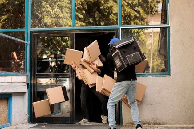 Deliveryman dropping pizza boxes pile at custome Deliveryman dropping pizza boxes pile at customer, clumsy courier carrying client food order outdoors. Bad delivery service, african american man with falling fastfood packages huge stack Copyright: xDragosxCondrea RECORD DATE NOT STATED