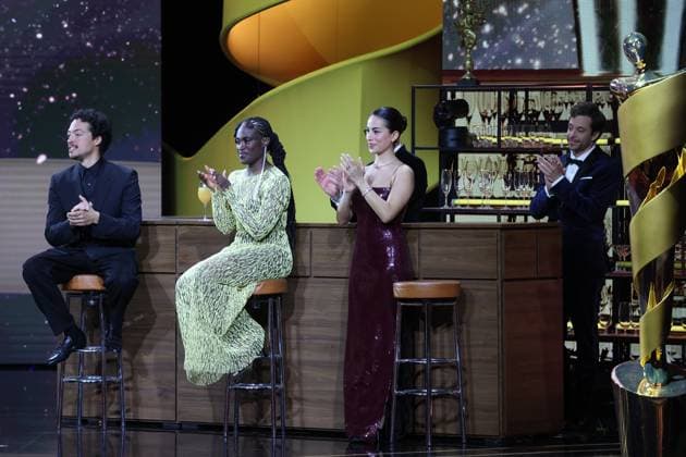 Deutscher Filmpreis 2024 Ivy Quainoo. Aurel Mertz, Gizem Emre, Tobias Krell (Checker Tobi) und Jürgen Vogel bei der Verleihung der Lola - Deutscher Filmpreis 2024 im Theater am Potsdamer Platz in Berlin 03.05.2024 Copyright: xEventpressx