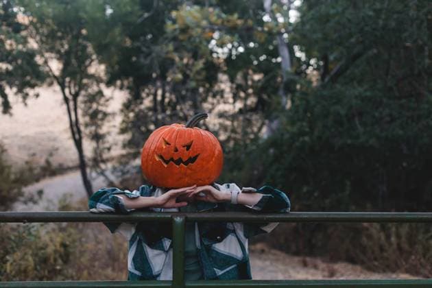 Person wearing carved Halloween pumpkin head Dublin, California, United States R_JWMW240427-1417010-01 ,model released, Symbolfoto