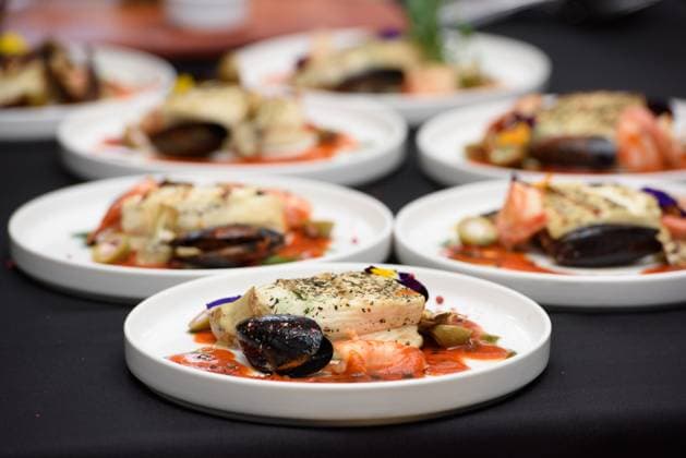 saganaki, traditional Greek cheese snack that is fried in a pan or grilled saganaki, traditional Greek cheese snack that is fried in a pan or grilled. halloumi cheese with shrimp and mussels. micro green topping Copyright: xSenyuk.Mykola RECORD DATE NOT STATED