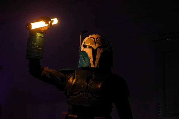 May 4, 2024, Bandung, West Java, Indonesia: Indonesian Star Wars fans wearing Bo Katan Kryze costumes and hold up a lightsaber from the Star Wars film series while celebrating Star Wars Day or commonly called May The Fourth in Bandung. Star Wars fans around the world celebrate the science fiction series every year on May 4. Bandung Indonesia - ZUMAr272 20240504_zip_r272_005 Copyright: xDimasxRachmatsyahx