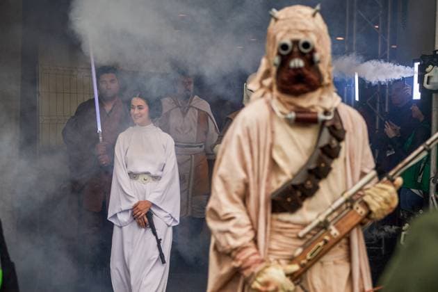 May 4, 2024, Pamplona, Spain: Princess Leia, Han Solo and Alsantante Tusken seen during the celebration of International Star Wars Day. Legion 501 has been in charge of organizing and raising donations for Children s Cancer. Pamplona Spain - ZUMAs197 20240504_aaa_s197_114 Copyright: xElsaxAxBravox