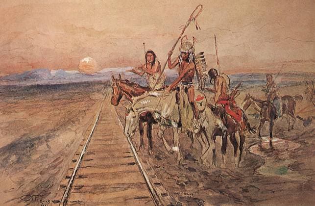 RECORD DATE NOT STATED Indian Warriors Investigate Railroad Track Indian Warriors Investigate Railroad Track Date: 1910  Copyright: Copyrightx(c)Geminix2023.xCredit:xGemini 12955042