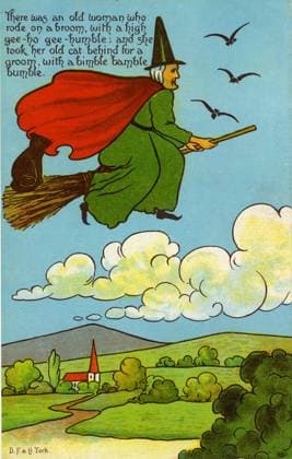 RECORD DATE NOT STATED There was an old woman There was an old woman who rode on a broom ... and she took her old cat behind for a groom ... ~~ Date: 20th century  Copyright: Copyrightx(c)Geminix2023.xCredit:xGemini 10508201