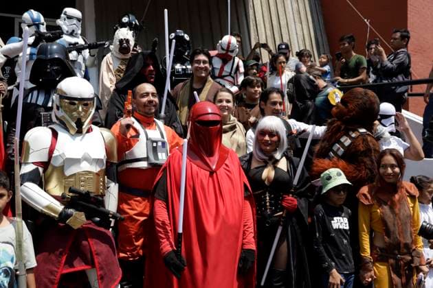 Fans Celebrate Star Wars World Day in Mexico Star Wars Fans disguised as Star Wars characters pose during the Reto Fest CDMX convention to celebrate World Star Wars Day at the Churubusco Convention Center. on May 5, 2024 in Mexico City, Mexico. (Photo by Luis Barron Eyepix Group) Copyright: xLuisxBarronx xEyepixxGroupx LB_04052024_119209