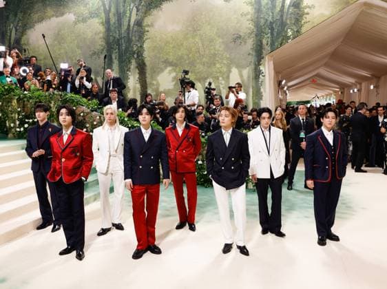 Bang Chan, Han, Felix, Seungmin, Hyunjin, I.N, Lee Know and Changbin of Stray Kids arrive on the red carpet at the 2024 Met Gala celebrating Sleeping Beauties: Reawakening Fashion at The Metropolitan Museum of Art on Monday, May 6, 2024 in New York City.  NYP20240506192 JOHNxANGELILLO