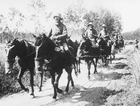 RECORD DATE NOT STATED German transport WWI German transport drivers and horses wearing gas masks during the advance on Soissons at the Third Battle of the Aisne during World War I Date: June 1918  Copyright: Copyrightx(c)Geminix2023.xCredit:xGemini 10297882