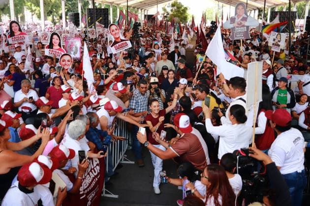 Mexiko, Claudia Sheinbaum Wahlkampfveranstaltung in Mexiko-Stadt Presidential Candidate Claudia Sheinbaum Campaign Rally in Chalco Claudia Sheinbaum Pardo, candidate for the Presidency of Mexico by the Sigamos Haciendo Historia coalition, arrives at a political rally in Chalco, located east of the State of Mexico as part of her campaign tour of the State of Mexico. on May 11, 2024 in Mexico City, Mexico. (photo by Carlos Santiago Eyepix Group) Copyright: xCarlosxSantiago xEyepixxGroupx CS_11052024_119691