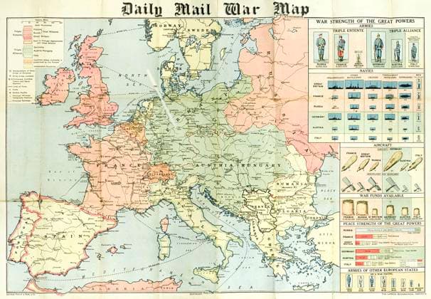 RECORD DATE NOT STATED Daily Mail War Map, WW1 A fold out war map issued by the Daily Mail in the early weeks of the First World War. The map offers statistics regarding the manpower strength of each of the warring nations, as well as the number of battleships and food stores each had. While the Triple Entente of Britain, France and Russia could boast 9,380,000 men (of which Britain comprised just 380,000), the Triple Alliance numbered 9,500,000. The map was intended to be marked with Philips flag pins in ten different colours so that civilians could chart the progress of the campaign. Date: 1914  Copyright: Copyrightx(c)Geminix2023.xCredit:xGemini 10910237