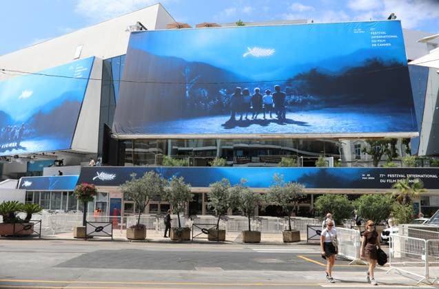 May 13, 2024, Cannes, Cote D azur, France: The official poster that ornates the walls of the Palais Lumiere is inspired by an image created by Hartland Villa from a still from Rhapsody in August by Japanese movie director Akira Kurosawa Cannes France - ZUMAc179 20240513_zep_c179_165 Copyright: xMickaelxChavetx