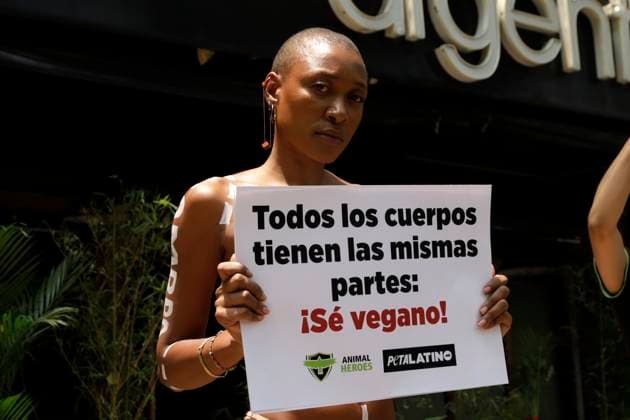 Mexiko, Protest gegen Fleischkonsum vor einem Restaurant in Mexiko-Stadt Protest Against Meat Consumption Activist and Model Atiya, holds a placard with the slogan All bodies have the same parts as show her naked body painted with a diagram of the different types of cuts of meat outside an Argentine restaurant, during a peaceful protest, organized by Peta and Animal Heroes, to raise awareness about not consuming foods that contain meat. on May 14, 2024 in Mexico City, Mexico. (Photo by Luis Barron Eyepix Group) Copyright: xLuisxBarronx xEyepixxGroupx LB_14052024_119901