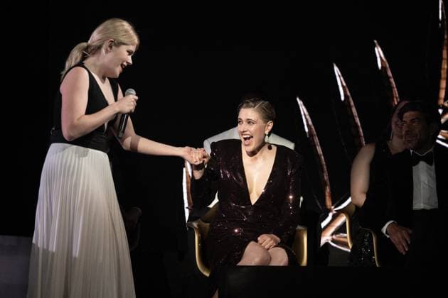 Annual Cannes Film Festival - Opening Ceremony - Cannes President of the Jury Greta Gerwig is seen on stage while Zaho de Sagazan (L) is performing on stage during the opening ceremony at the 77th annual Cannes Film Festival at Palais des Festivals on May 14, 2024 in Cannes, France. Photo by David NIVIERE ABACAPRESS.COM CANNES France  Copyright: xNivierexDavid ABACAPRESS.COMx