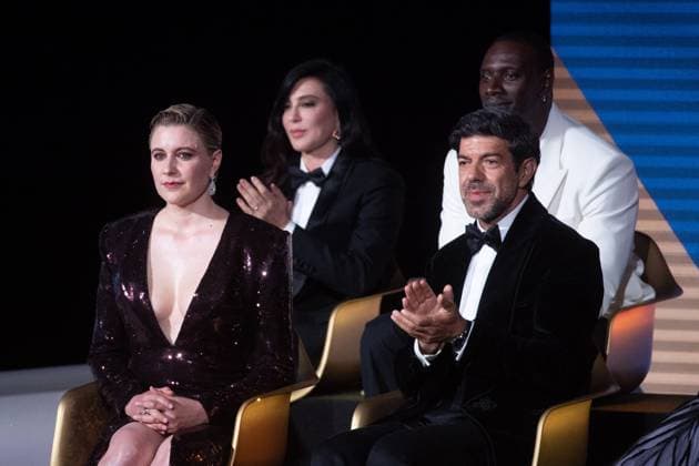 Cannes Opening Ceremony Greta Gerwig, Nadine Labaki, Omar Sy and Pierfrancesco Favino attending the Opening Ceremony of the 77th Cannes Film Festival at the Palais des Festivals in Cannes, France on May 14, 2024. Photo by Aurore Marechal ABACAPRESS.COM Cannes France  Copyright: xMarechalxAurore ABACAx