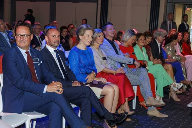 Queen Mathilde of Belgium (C) pictured during the 25th edition of the award ceremony of the Womed Award , for best female entrepreneur, organised by Markant and Unizo, Wednesday 15 May 2024 in Brussels.  NICOLASxMAETERLINCK 92713816