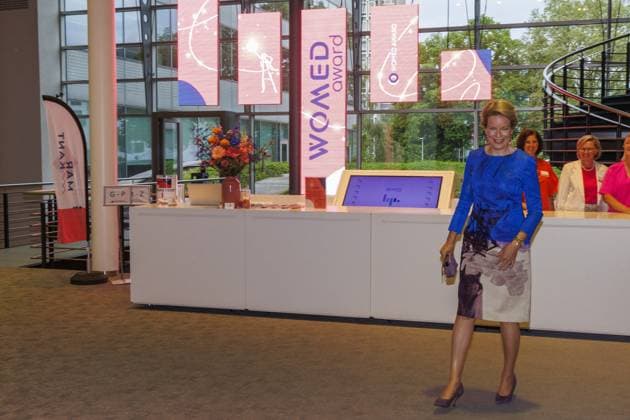 Queen Mathilde of Belgium leaves after the 25th edition of the award ceremony of the Womed Award , for best female entrepreneur, organised by Markant and Unizo, Wednesday 15 May 2024 in Brussels.  NICOLASxMAETERLINCK 92713875