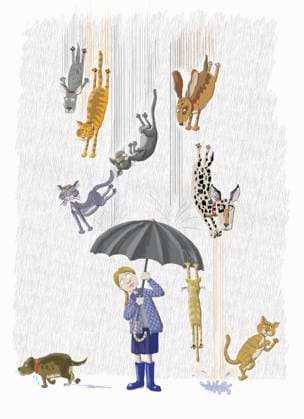 Cartoon über das Wetter, das Katzen und Hunde auf ein junges Mädchen regnen lässt *** Cartoon about the weather raining cats and dogs on a young girl  Copyright: xAndrewxPinderx 13240255