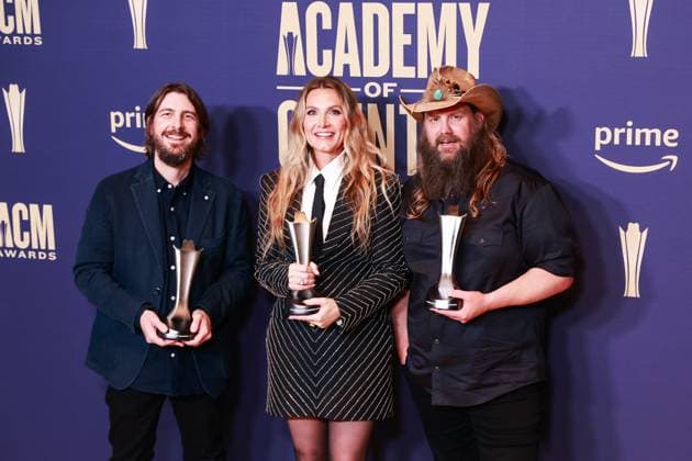 May 16, 2024, Frisco, Tx, USA: Dave Cobb, Morgane Stapleton, and Chris Stapleton, winners of the Album of the Year award for â€oeHigher, pose in the press room during the 59th Academy of Country Music Awards at The Ford Center at The Star on May 16, 2024 in Frisco, Texas. Frisco USA - ZUMAs181 20240516_zea_s181_435 Copyright: xOzziexBx