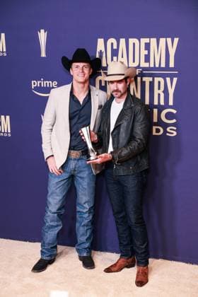 May 16, 2024, Frisco, Tx, USA: Parker McCollum and Dustin Haney, winners of the Visual Media of the Year award for Burn It Down,Ã¢â‚¬Â pose in the press room during the 59th Academy of Country Music Awards at The Ford Center at The Star on May 16, 2024 in Frisco, Texas. Frisco USA - ZUMAs181 20240516_zea_s181_422 Copyright: xOzziexBx