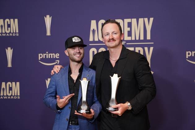May 16, 2024, Frisco, Texas, United States: (L-R) Greylan James and Chase McGill, winners of the Song of the Year Award for Next Thing You Know pose with their prize in the press room during the 59th Academy of Country Music Awards Ceremony at The Ford Center at the Star. Frisco United States - ZUMAe321 20240516_zea_e321_026 Copyright: xJavierxVicenciox xEyepixxGroupx