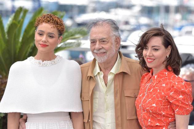 Nathalie Emmanuel, Francis Ford Coppola and Aubrey Plaza attend the Megalopolis photocall at the 77th annual Cannes Film Festival at Palais des Festivals on Friday, May 17, 2024 in Cannes, France.  CAN20240517315 RoccoxSpaziani