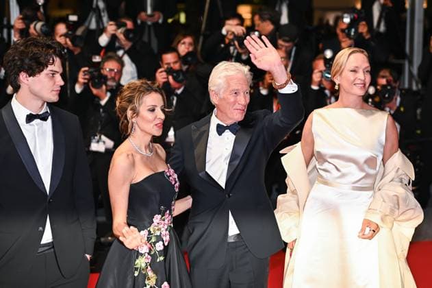 News - Oh, Canada Red Carpet - The 77th Annual Cannes Film Festival Alejandra Silva, Richard Gere, Homer James Jigme Gere and Uma Thurman attend the Oh, Canada Red Carpet at the 77th annual Cannes Film Festival at Palais des Festivals on May 17, 2024 in Cannes, France. Cannes Palais des Festival France Copyright: xStefanosxKyriazisx xLiveMediax LPN_1356767