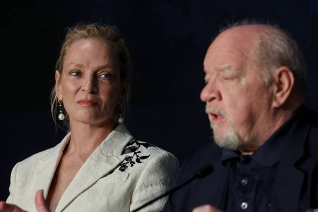 Cannes - Oh, Canada Press Conference Uma Thurman and Paul Schrader attending Oh, Canada press conference during the 77th annual Cannes Film Festival at the Palais des Festivals, in Cannes France, on May 18 2024. Photo by JM Haedrich Pool ABACAPRESS.COM Cannes France  Copyright: xPool ABACAx