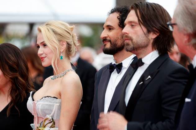 Maria Bakalova, Ali Abbasi und Sebastian Stan bei der Premiere des Kinofilms The Apprentice auf dem Festival de Cannes 2024 77. Internationale Filmfestspiele von Cannes im Palais des Festivals. Cannes, 20.05.2024