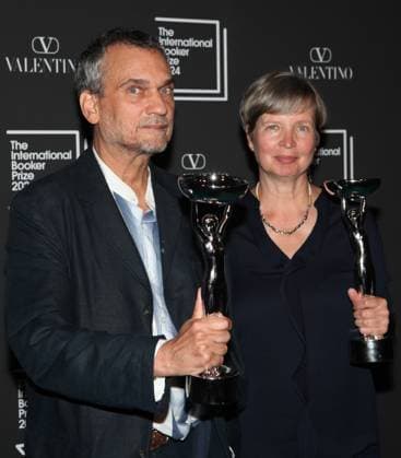 International Booker Prize 2024 London, UK. Jenny Erpenbeck (right) wins the International Booker Prize 2024 for her book Kairos. The German born author is seen here with her English language translator Michael Hofmann. Tate Modern. 21st May 2024. LMK11-S220524-001 Steve Bealing Landmark Media WWW.LMKMEDIA.COM 