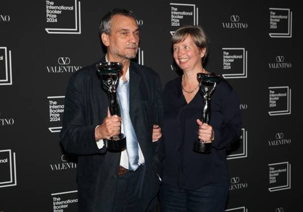 International Booker Prize 2024 London, UK. Jenny Erpenbeck (right) wins the International Booker Prize 2024 for her book Kairos. The German born author is seen here with her English language translator Michael Hofmann. Tate Modern. 21st May 2024. LMK11-S220524-001 Steve Bealing Landmark Media WWW.LMKMEDIA.COM 