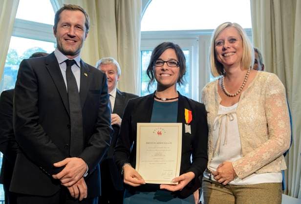 Walloon deserves 2014 - Remise des distinctions du Mérite wallon 2014 par le Gouvernement wallon - le Mérite wallon consacre la reconnaissance des autorités envers des personnes dont le talent ou le mérite fait honneur à la Wallonie et contribue d une façon significative à son rayonnement - Uitreiking van het Mérite wallon 2014 door de Waalse Regering * Paul Magnette - Jodie Devos 18 9 2014 pict. by Philip Reynaers Photo News Jambes Belgium  Copyright: xPhilipxReynaersx