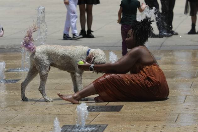 Third Heat Wave Hits the Country A woman with her dog soaks in a fountain at the Monumento a la Revolucion to cool off due the high temperatures that hit the country during the third heat wave, temperatures are expected to reach 45 degrees throughout the month. on May 26, 2024 in Mexico City, Mexico. Mexico City CDMX Mexico Copyright: xIanxRoblesxxEyepixxGroupx