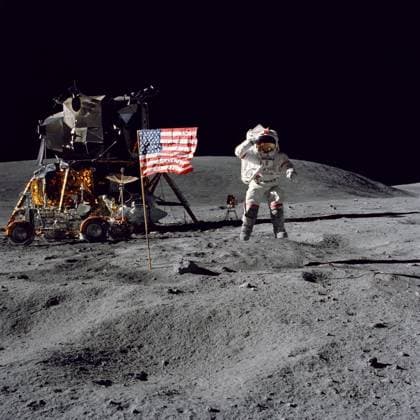 John W. Young’s Lunar Salute Astronaut John W. Young, commander of the Apollo 16 lunar landing mission, leaps from the Moon s surface as he salutes the United States flag at the Descartes landing site during the first Apollo 16 spacewalk. Astronaut Charles M. Duke Jr., lunar module pilot, took this picture on April 21, 1972. The Lunar Module Orion is on the left and beside it is the Lunar Roving Vehicle. Behind Young, in the shadow of Orion, is the Far Ultraviolet Camera Spectrograph. Young and Duke conducted three surface excursions totaling more than 20 hours, using the Lunar Roving Vehicle for transportation. They deployed an experiment package, collected 209 pounds of rock and soil samples, and set up the first telescope on the Moon. M Copyright: xx as16-113-18339 CharlesxM.xDukexJr.x-xNASAxviaxCNPx cnpphotos261310