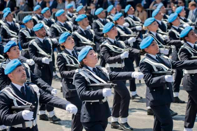June 2, 2023, Rome, Italy: Women and men of the Police march during the military parade for the celebrations of the Italian Republic Day in Rome. Italian Republic Day is the Italian National Day, is one of the national symbols of Italy and is celebrated each year on 2 June with the main celebration taking place in Rome. The day commemorates the 1946 Italian institutional referendum held by universal suffrage, in which the Italian people were called to the polls to decide on the form of government between republic and monarchy after the end of the Second World War and the fall of Fascism. Rome Italy - ZUMAv147 20230602_zip_v147_026 Copyright: xMarcelloxValerix