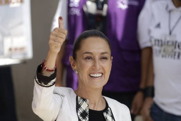 Claudia Sheinbaum Pardo, candidate for the Presidency of Mexico by Sigamos Haciendo Historia coalition shows her marked thumb after casting her vote at polling booth during the general election. on June 2, 2024 in Mexico City, Mexico. Mexico City Mexico - ZUMAe321 20240602_zia_e321_046 Copyright: xLuisxBarronx