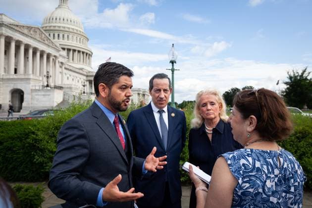 Democratic press conference before Fauci testimony to House committee on coronavirus Reps. Raul Ruiz (D-CA), Jamie Raskin (D-MD), and Debbie Dingell (D-MI) (left to right) talk with a reporter following a press conference about a morning hearing of the House Select Committee on the Coronavirus Pandemic, featuring testimony by Dr. Anthony Fauci, Washington, DC, June 3, 2024. Fauci, the former Director of the National Institute of Allergy and Infectious Diseases, was the public face of the government response to the coronavirus and a frequent target of Republican lawmakers ire arising from the shutdown. Washington DC United States Copyright: xAllisonxBaileyx