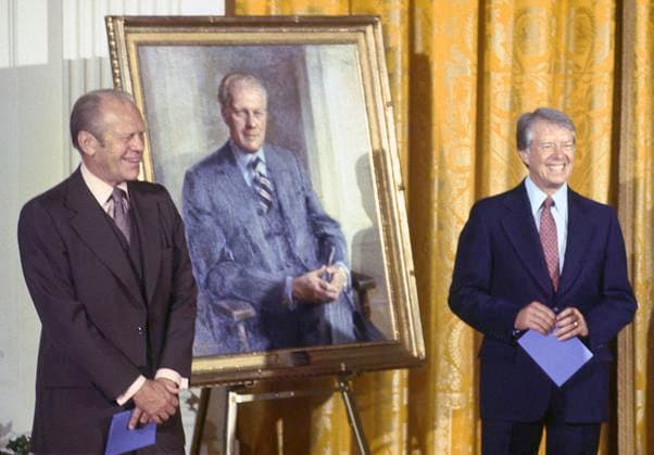 Ford Portraits Unveiling United States President Jimmy Carter, right, and former US President Gerald R. Ford, left, pose next to the portrait of President Ford that was unveiled during a ceremony in the East Room of the White House in Washington, DC on August 4, 1980. The painting of the President and first lady will be on permanent display at the White House along with those of other US Presidents and first ladys. Credit: Benjamin E. Gene Forte CNP Washington District of Columbia United States of America EDITORIAL USE ONLY Copyright: xx WA-5993 BenjaminxE.x Gene xFortex cnpphotos269910
